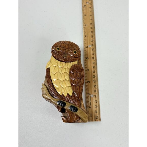 Vintage Owl Secret Wooden Puzzle Box 6" Velvet Lined Gift Key Ring Jewelry - Picture 10 of 11